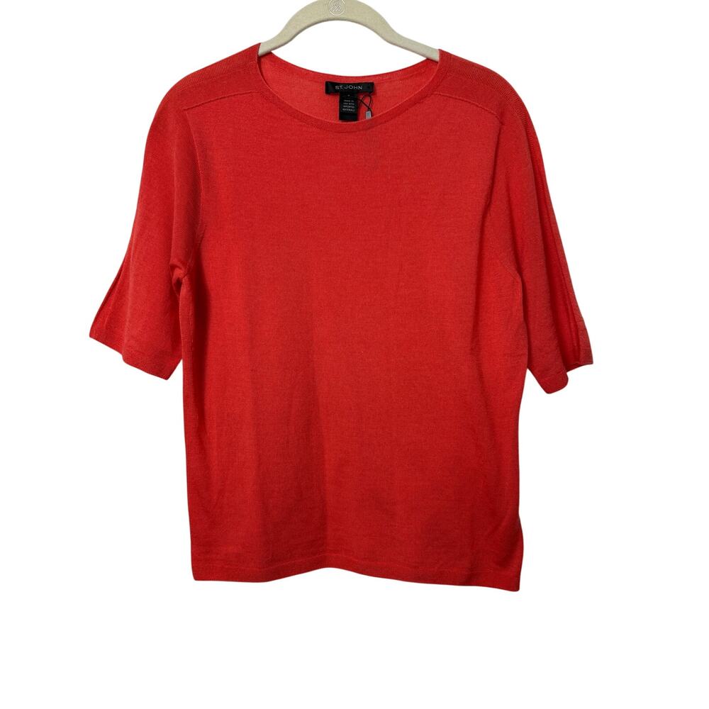 St. John peach crew neck short sleeve sweater knit top Sz sm wool silk